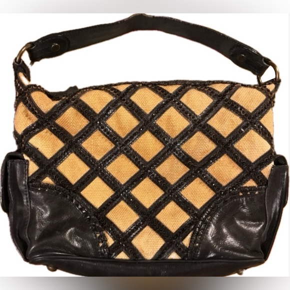 Isabella Fiore Star Safari Tula Crisscross Lattice Tan Black Bead Purse Handbag - Picture 7 of 12